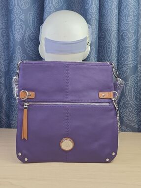 NWT Joy Mangano Purple Leather Crossbody Bag-Cognac Trim Tassel, RFID & Stylus